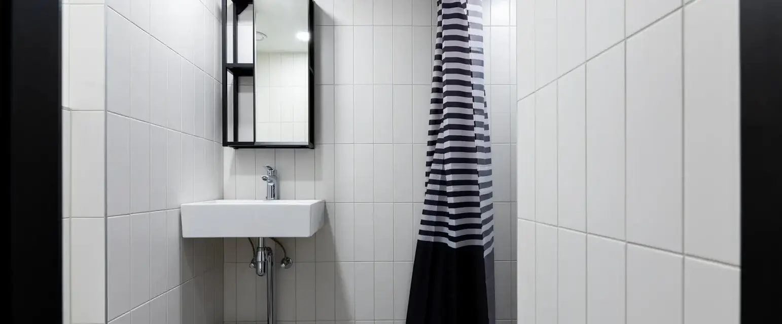 a bathroom with a striped shower curtain and sink