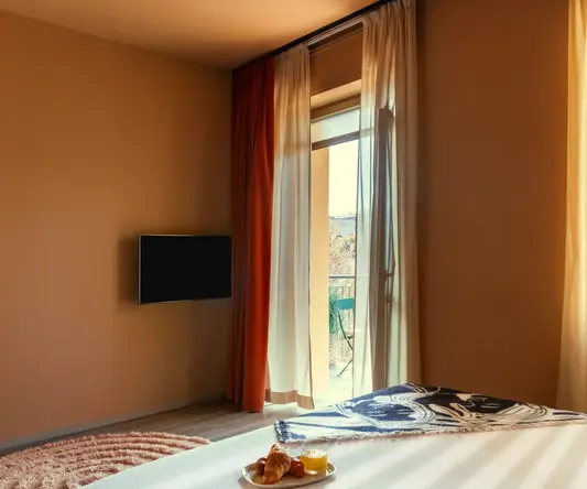 a room with a table and a tv