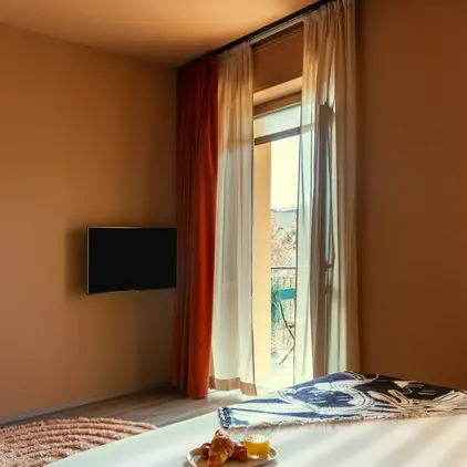 a room with a table and a tv