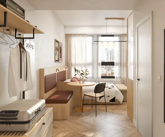 a room with a table and chairs