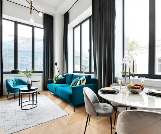 a room with a couch and a table