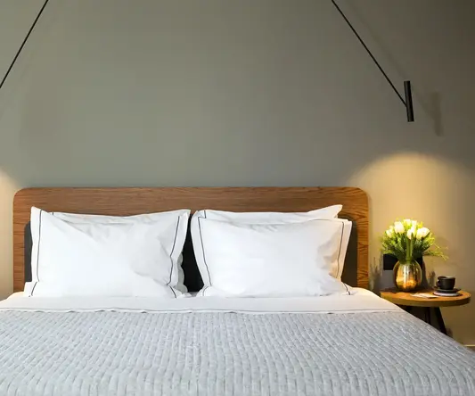 a bed with white pillows and a plant on the side
