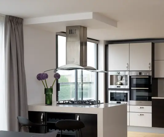a kitchen with a stove and a flower vase