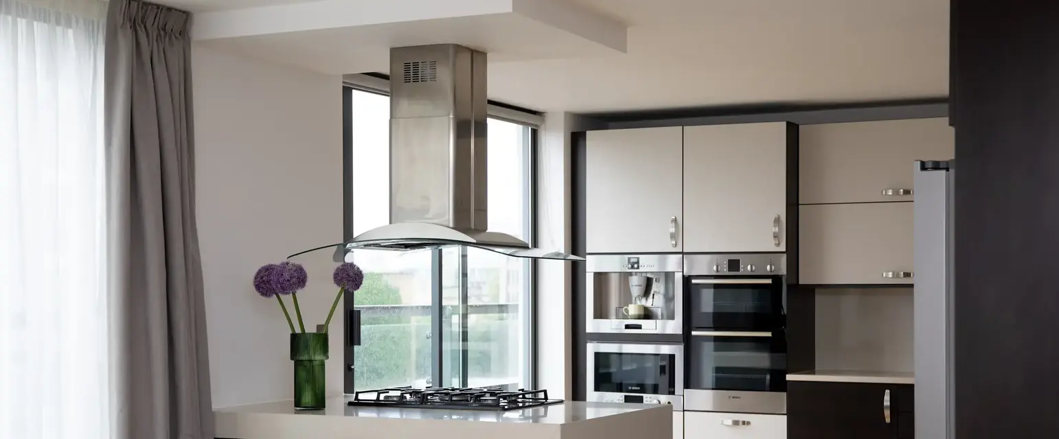 a kitchen with a stove and a flower vase
