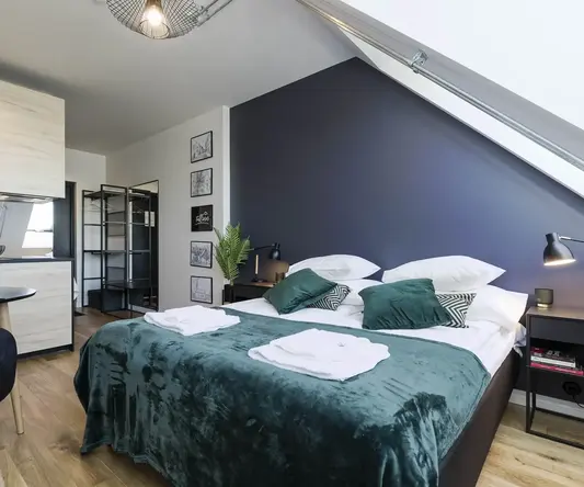 a bedroom with a bed and a ceiling fan