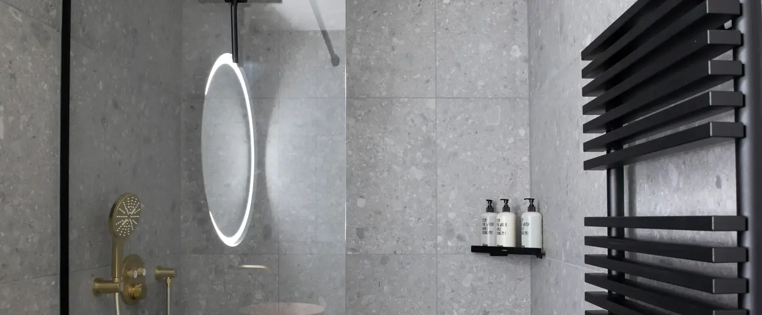 a shower with a glass door