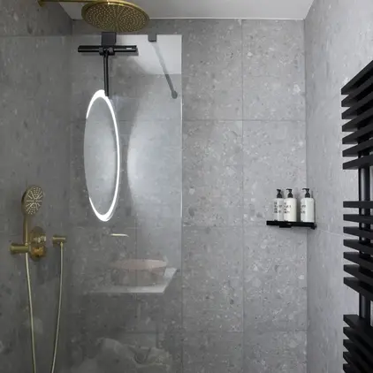 a shower with a glass door