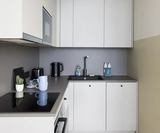 a kitchen with white cabinets and black counter tops