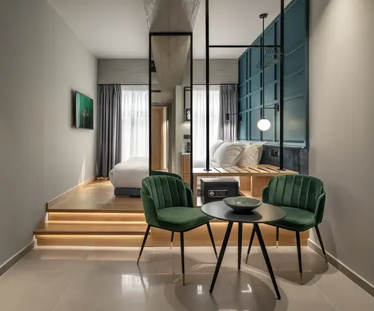 a room with a bed and a table