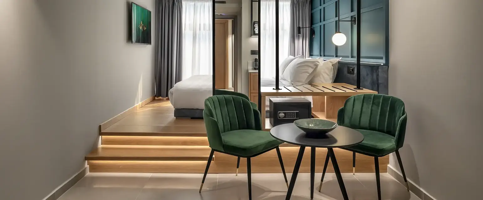 a room with a bed and a table