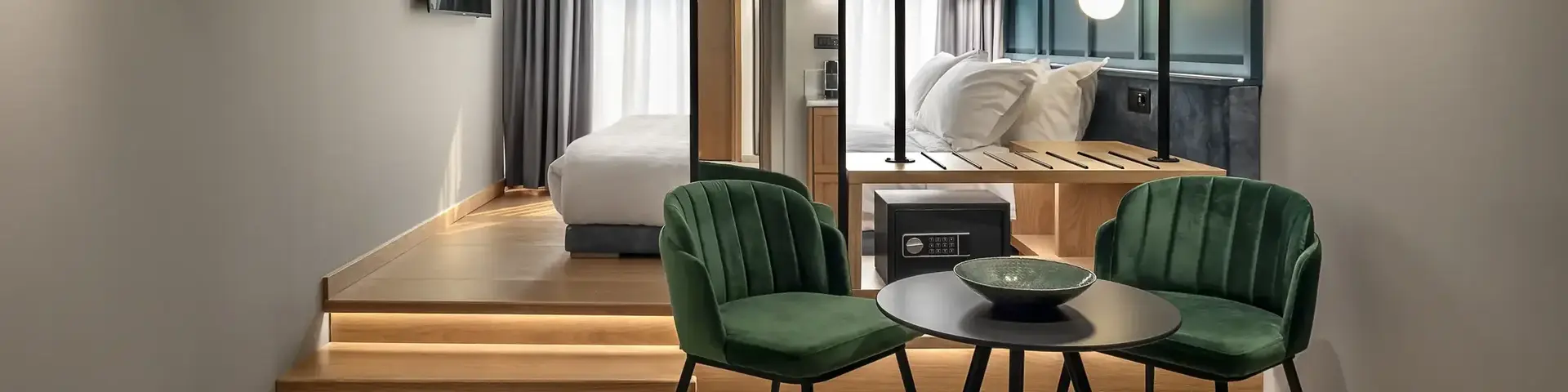 a room with a bed and a table