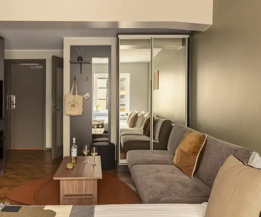 a room with a couch and a table