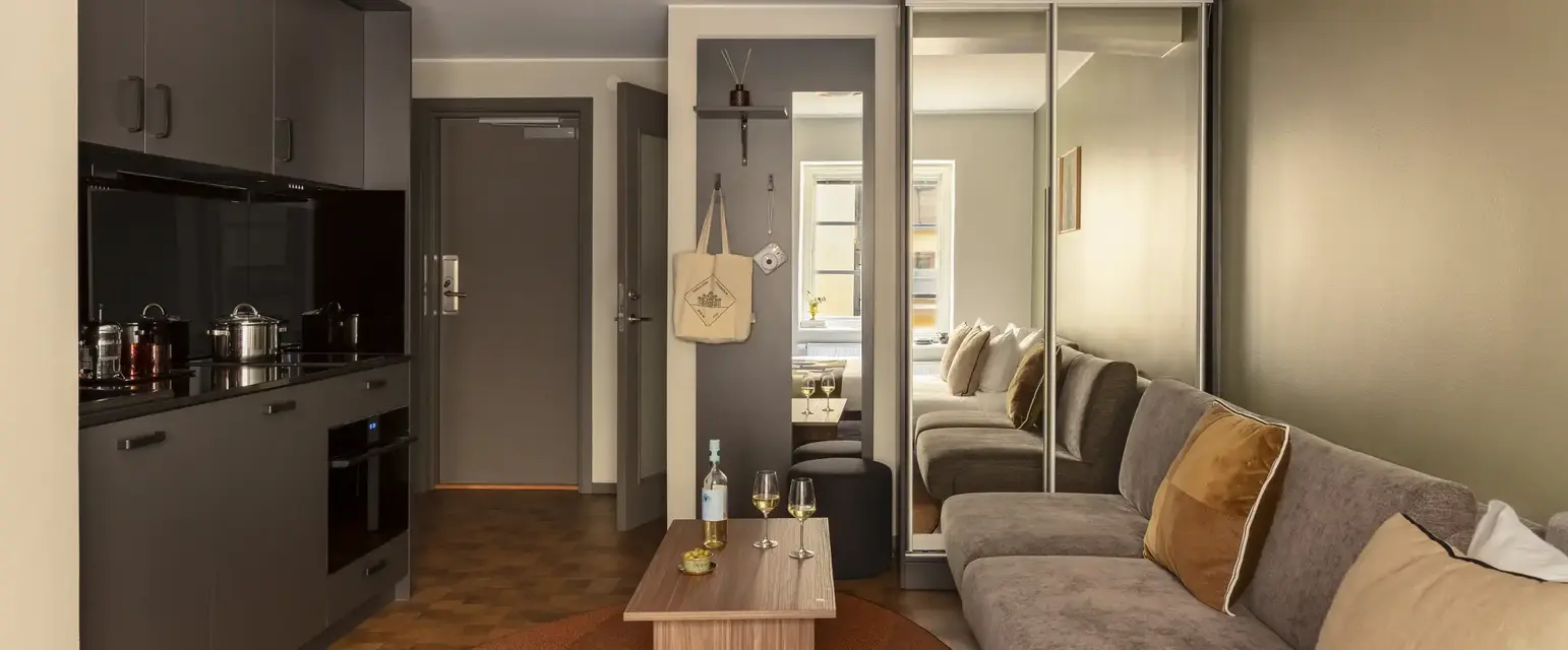 a room with a couch and a table