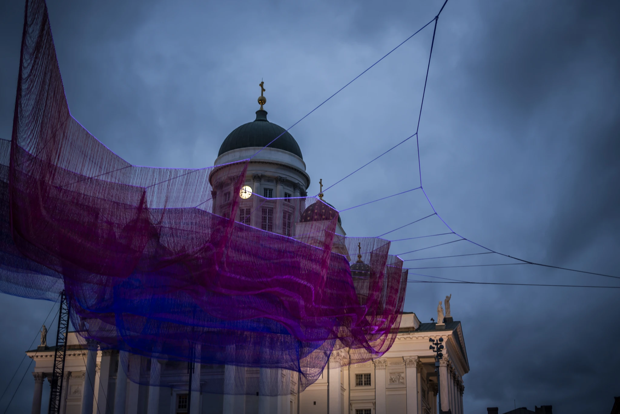 Bob W_Helsinki City Centre_Helsinki Cathedral with light installation at dusk Bob W_Helsinki City Centre_Helsinki Cathedral with light installation at dusk