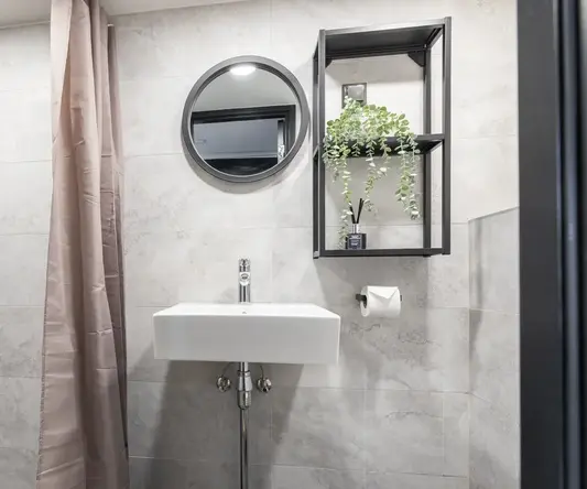 a bathroom with a sink and a mirror