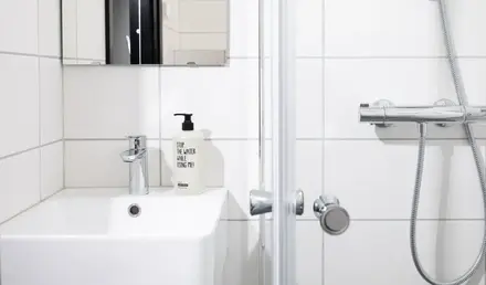 a bathroom with a shower and a mirror
