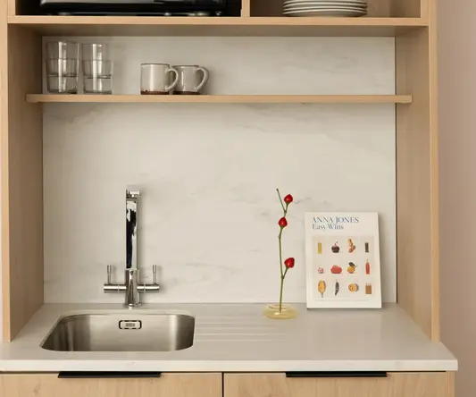 a sink and a book on a shelf