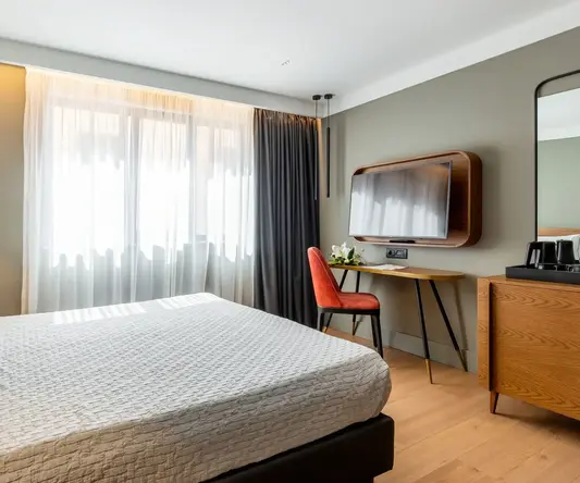 a room with a bed and a tv