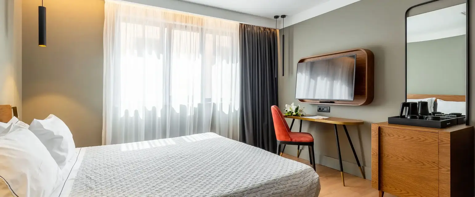 a room with a bed and a tv