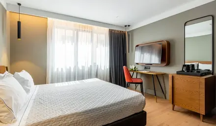 a room with a bed and a tv