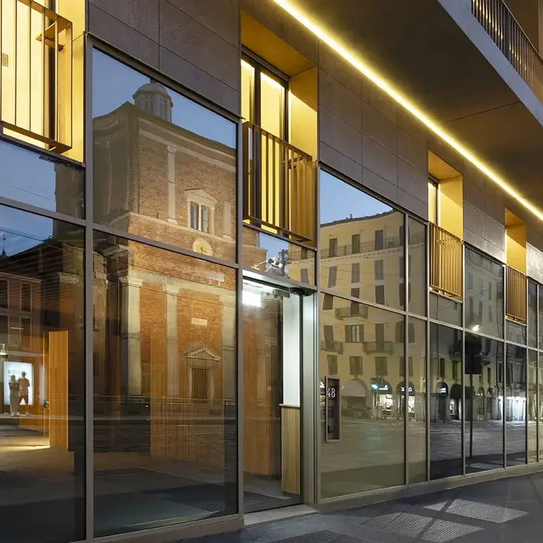 a building with windows and lights