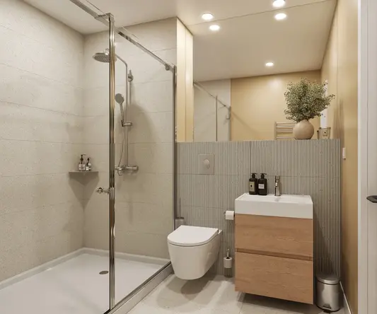 a bathroom with a shower and sink