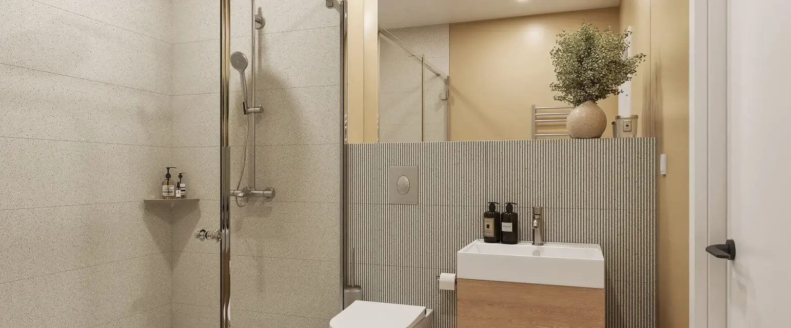 a bathroom with a shower and sink