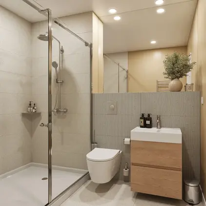 a bathroom with a shower and sink