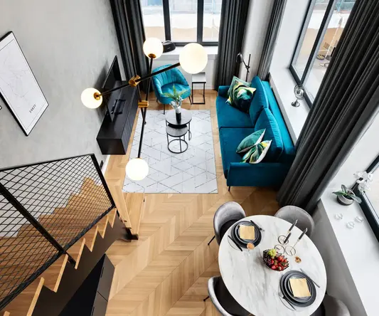 a room with a table and chairs