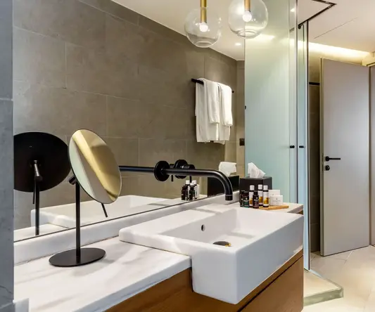 a bathroom with a sink and mirror
