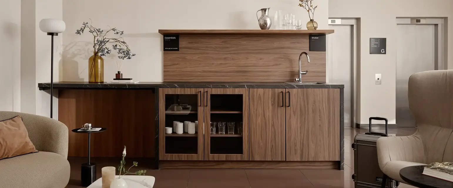 a room with a sink and a chair