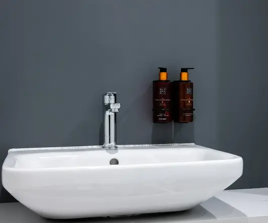 a sink and soap dispenser on a counter