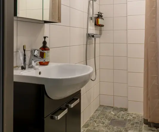 a bathroom with a shower and sink