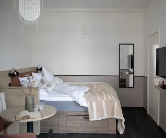 a bedroom with a bed and a television