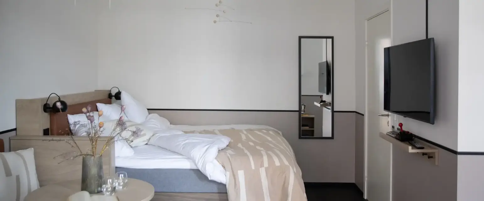 a bedroom with a bed and a television