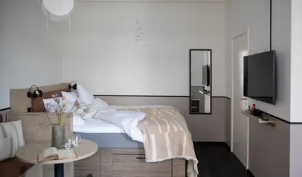 a bedroom with a bed and a television