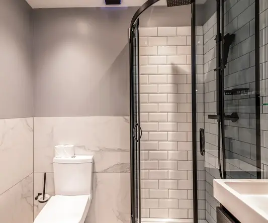 a bathroom with a toilet and shower