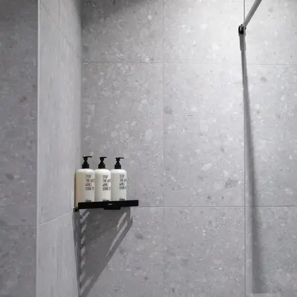a shower with a couple of white bottles on a shelf