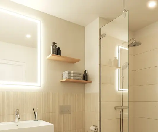 a bathroom with a glass shower and a toilet