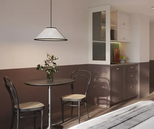 a room with a table and chairs