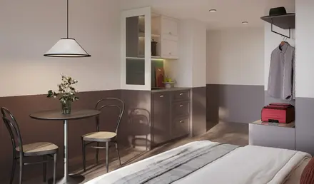 a room with a table and chairs