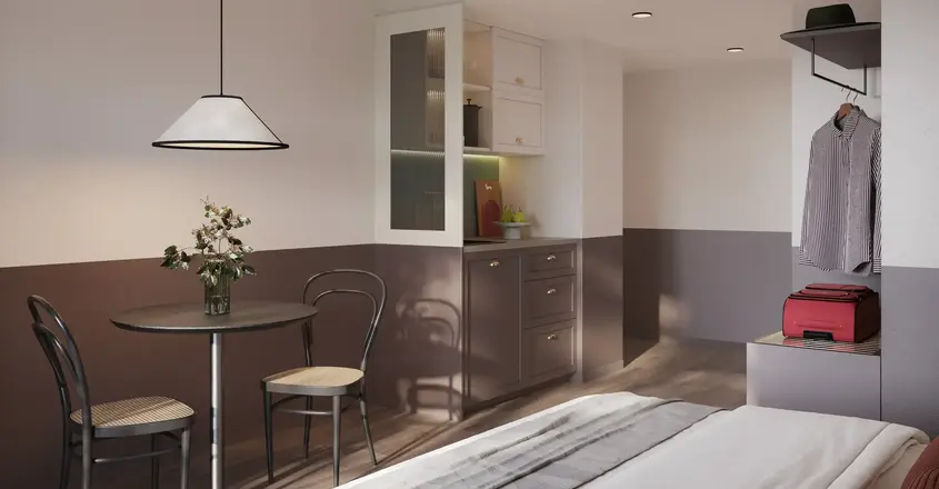 a room with a table and chairs