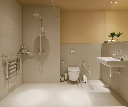 a bathroom with a sink and shower