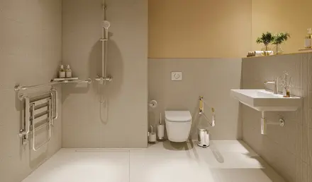 a bathroom with a sink and shower