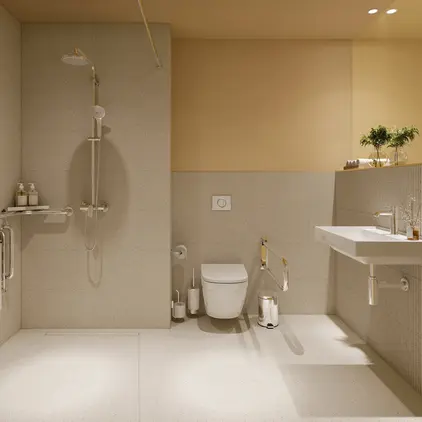 a bathroom with a sink and shower