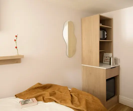 a room with a mirror and a bed