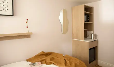 a room with a mirror and a bed