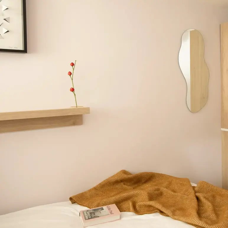 a room with a mirror and a bed