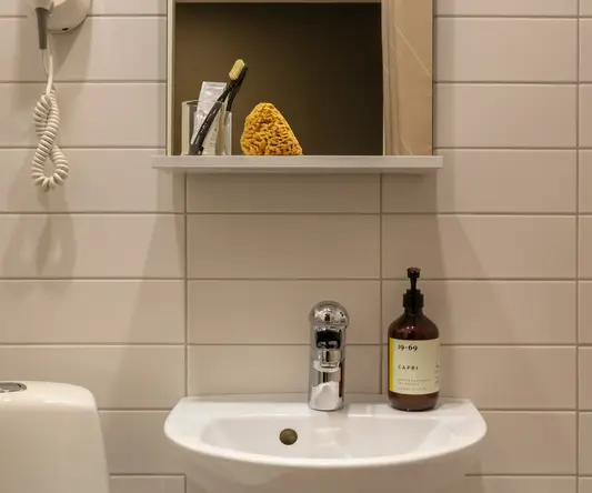 a bathroom with a mirror and a sink