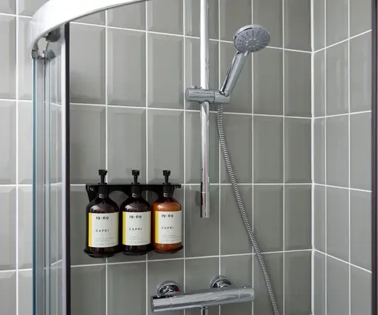 a shower with a shower head and bottles of liquid
